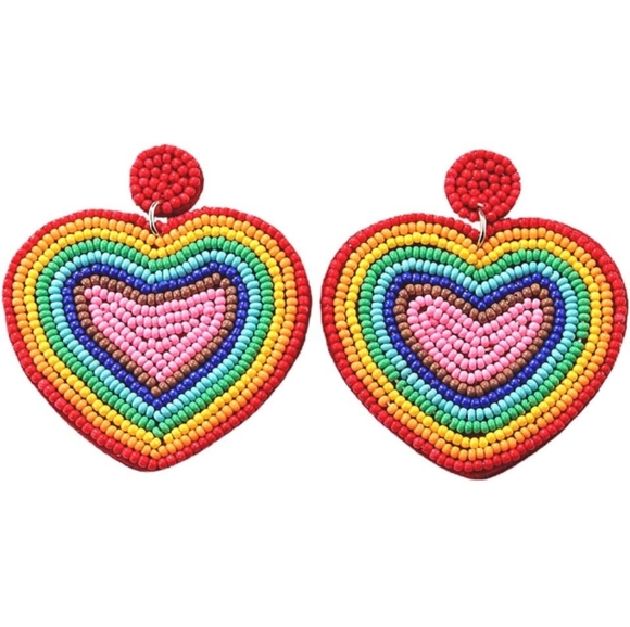 Handmade Large Rainbow Heart Beaded Earrings Bead Hearts Cute Statement Jewelry - Picture 1 of 5